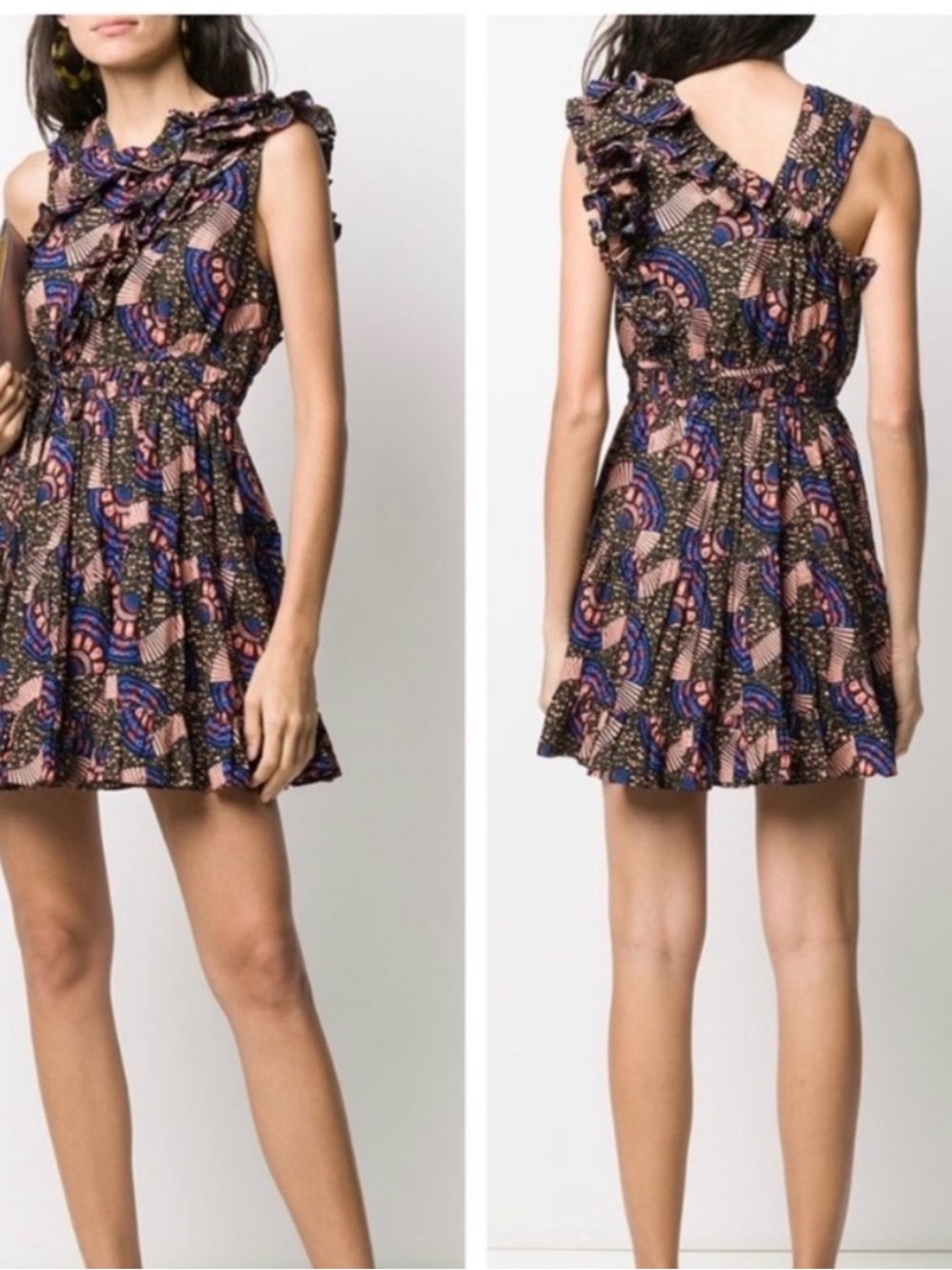 Ulla Johnson Navy & Pink Ruffled Sleeveless Mini Dress